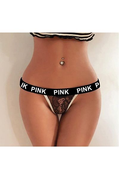 Secret Passion Lingerie Pink Printed Black Lace - Fancy Thong with Rubber Stripe