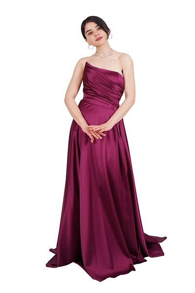 SpringStore Plum Slit Strapless Satin Evening Dress
