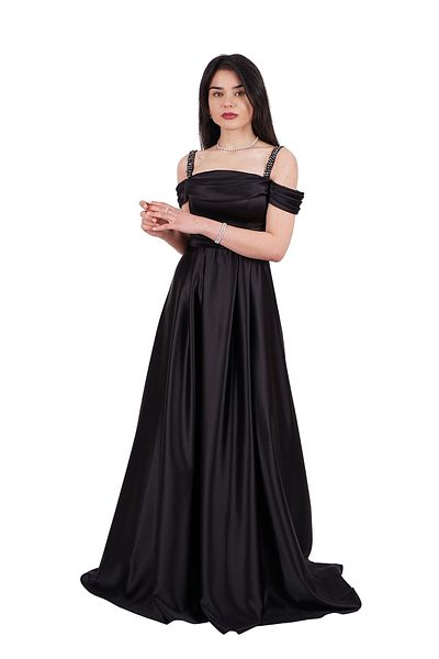 SpringStore Rochie de seară din satin cu bretele din piatră neagră