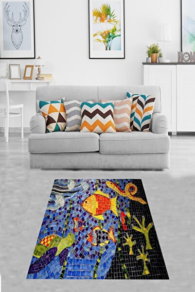 on the clouds Mozaik Balık Desenli Renk Geçişli Dijital Baskı Yıkanabilir Kay...