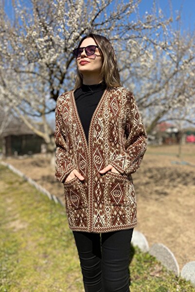 Dinçerler tekstil Kadın Etnik Desen Kalın V Yaka Hırka