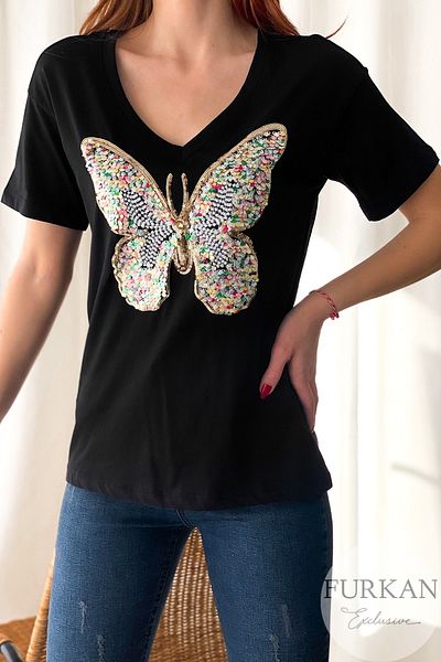 FEMELLE Tricou negru din bumbac brodat cu paiete, cu decolteu în V, fluture