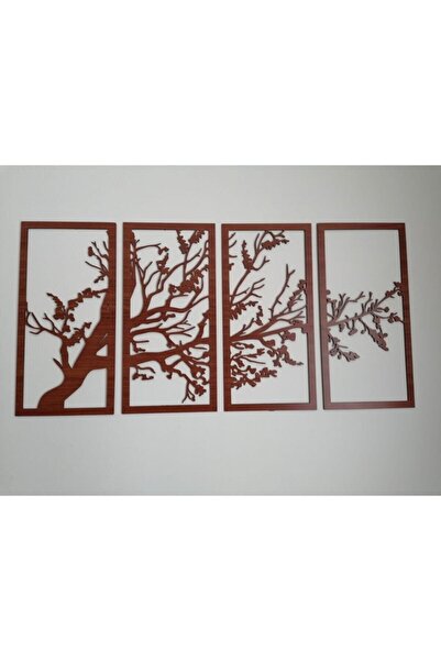MODAT Dekoratif Son Bahar Siyah 4'lü Hayat Ağacı Ahşap Tablo Ceviz Rengi 41*95