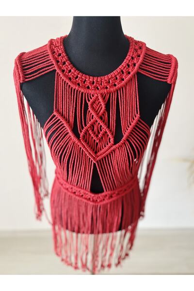 Dekor Kapanı Red Macrame Beach Dress