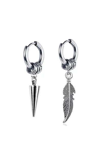 Jaida Moda Unisex 316l Surgical Steel Silver Color Dangle Spear And Feather Hoop Earrings