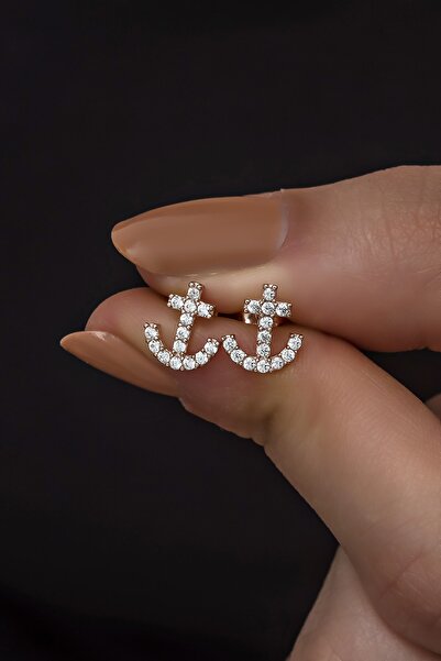 Nereze 925 Ayar Gümüş Minik Zirkon Taşlı Gemi Çapası Küpe