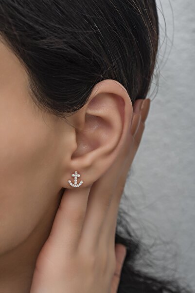 Nereze 925 Ayar Gümüş Minik Zirkon Taşlı Gemi Çapası Küpe