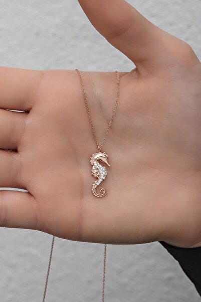 Nereze 925 Ayar Gümüş Rose Zirkon Taşlı Deniz Atı Kolye