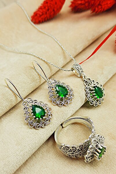 MidyatMelekSilver 925 Ayar Gümüş Zümrüt Taşlı Damla Modeli Telkari 3lü Set