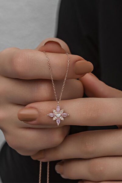 Nereze 925 Ayar Gümüş Pembe Taşlı Çiçek Kolye