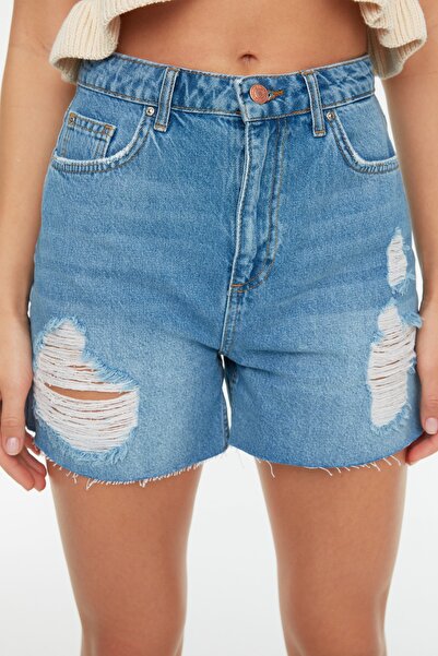 Trendyol Collection Kék szakadt farmer rövidnadrág