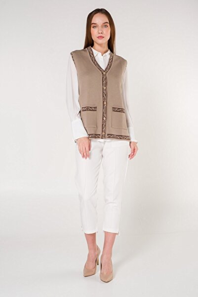 Uludağ Triko Sand Rug Banded Buttoned V-Neck Vest