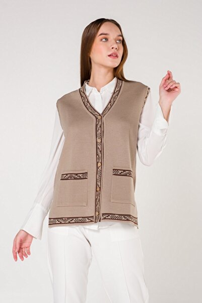 Uludağ Triko Sand Rug Banded Buttoned V-Neck Vest