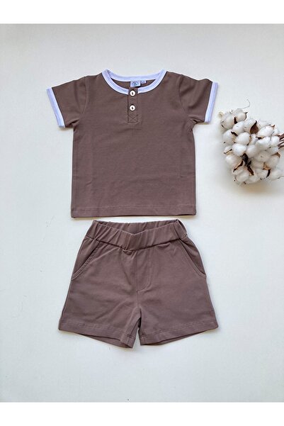 KEY KIDS Set pantaloni scurți tricou cu nasturi maro Tricou 100% bumbac