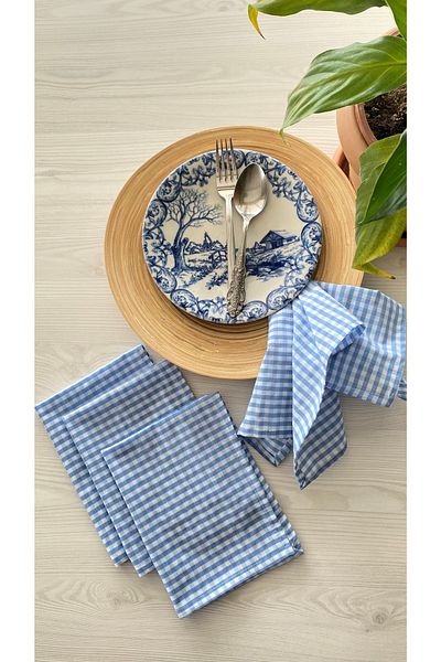White Alamode Set suport pentru șervețele Gingham Blue