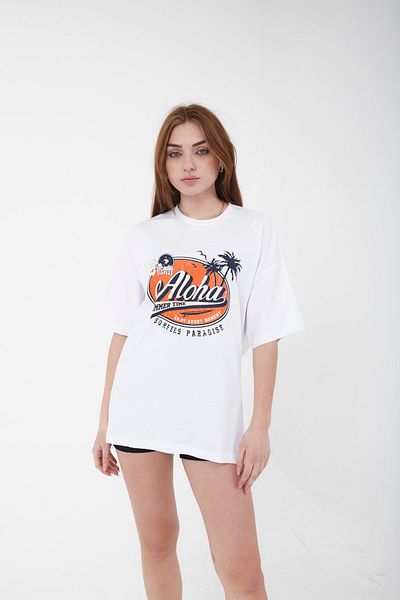 Mad&Calf Unisex Oversize Aloha εμπριμέ λευκό μπλουζάκι