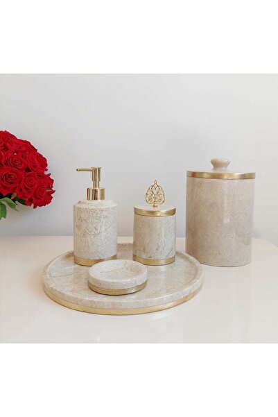 Sümeyra Marble Art Avangart - Doğal Bej Mermer Banyo Seti 5li | Gold |