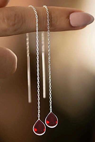 MidyatMelekSilver 925 Ayar Gümüş Yakut Doğal Taşlı Damla Modeli Zincirli Küpe