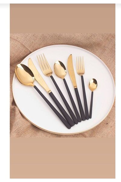 BRONDOFF Black Gold 36 Piece Fork Spoon Knife Set for 6 People