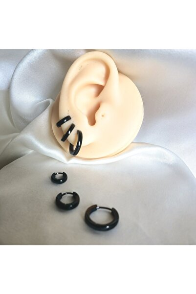 Bylin Cerrahi Çelik Siyah Halka Küpe Seti-üç Çift - Halka Çapı 7mm/9mm Ve 12 Mm