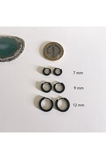 Bylin Cerrahi Çelik Siyah Halka Küpe Seti-üç Çift - Halka Çapı 7mm/9mm Ve 12 Mm
