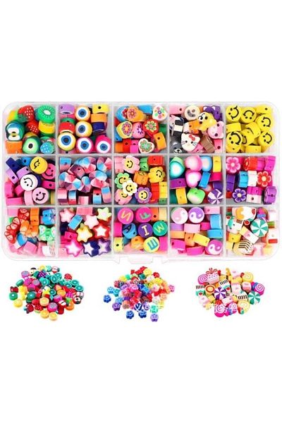 yiğit aksesuar 15 Different Fimo Bead Figure Jewelry Materials in a Box with 15 Eyes