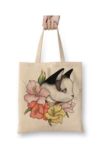 Baskı Dükkanı Πορτρέτο γάτας σε Gladiolus Flowers Pink Edition Υφασμάτινη τσάντα γάτας με μακριά λαβή