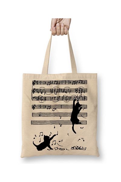 Baskı Dükkanı Geantă din pânză Naughty Funny Music Note Cat Cat cu mâner lung