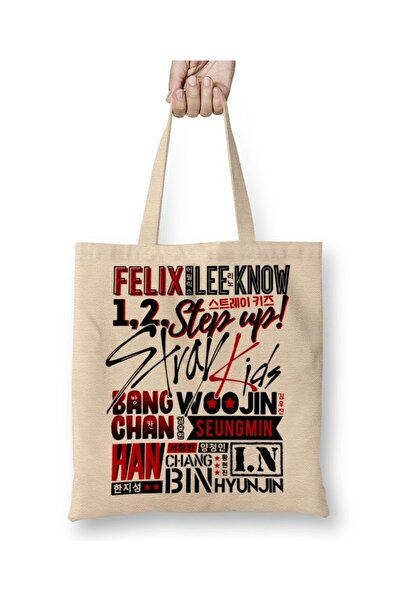 Baskı Dükkanı Stray Kids Font Collage Tote Geantă Mâner lung