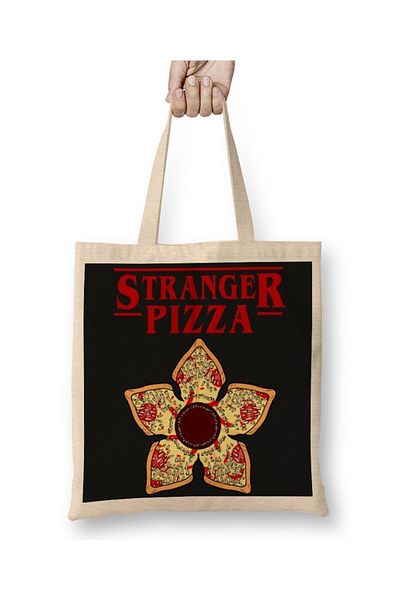 Baskı Dükkanı Stranger Things Stranger Pizza υφασμάτινη τσάντα με μακριά λαβή