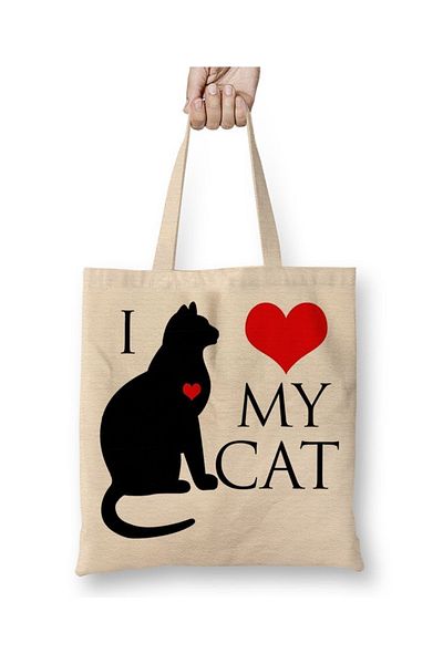 Baskı Dükkanı I Love My Cat Cat Animal Pet Animal υφασμάτινη τσάντα με μακριά λαβή