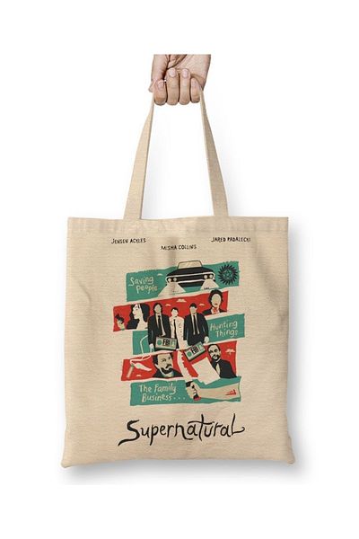 Baskı Dükkanı Geantă din pânză pentru poster de film Supernatural cu mâner lung