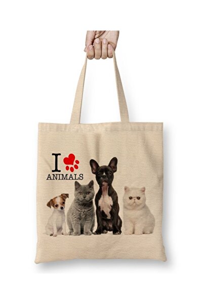 Baskı Dükkanı I Love Animals Cat Dog Cat Dog Pet Animal υφασμάτινη τσάντα με ...