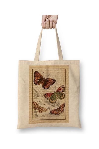 Baskı Dükkanı Geantă vintage din pânză cu design fluture cu mâner lung