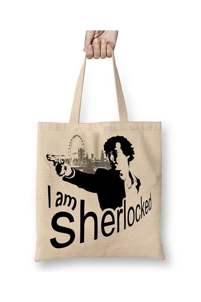 Baskı Dükkanı I Am Sher Locked Sherlock Holmes Gun υφασμάτινη τσάντα με μακριά λαβή