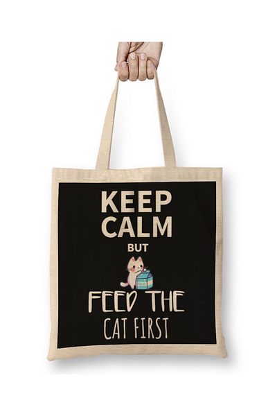Baskı Dükkanı Keep Calm Feed Cat υφασμάτινη τσάντα με μακριά λαβή