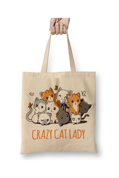 Baskı Dükkanı Υφασμάτινη τσάντα Crazy Cat Lady Cat με μακριά λαβή