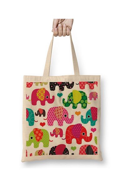 Baskı Dükkanı Colorful Elephants Cloth Bag Long Handle