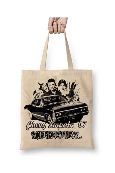 Baskı Dükkanı Geantă din pânză Supernatural Chevy Impala 67 cu mâner lung