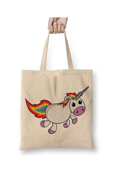 Baskı Dükkanı Χαριτωμένη τσάντα Anime με μοτίβο Unicorn - Rainbow ύφασμα, μακριά λαβή