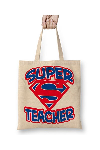 Baskı Dükkanı حقيبة قماش سوبر المعلم بيد طويلة