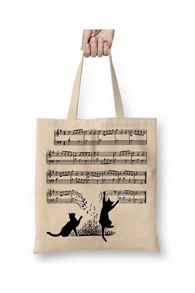 Baskı Dükkanı Geantă din pânză Naughty Funny Music Note Cat Cat cu mâner lung