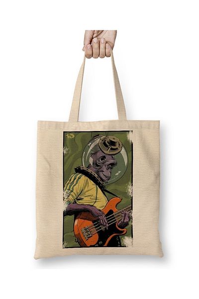Baskı Dükkanı Monkey Bass Music Guitar Monkey Cloth Bag Long Handle