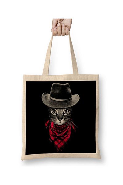 Baskı Dükkanı Cowboy Cat υφασμάτινη τσάντα με μακριά λαβή