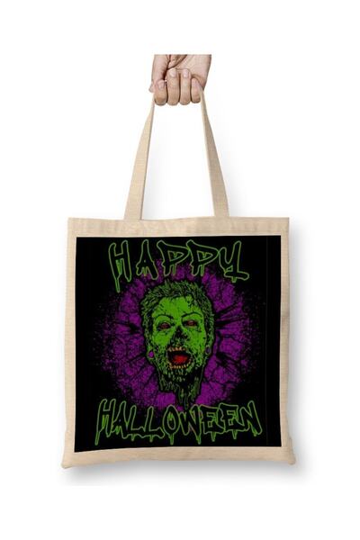 Baskı Dükkanı Зомбі фіолетовий гранж сплеск щасливого Хеллоуїна Bez Çanta Uzun Saplı