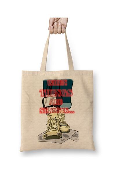 Baskı Dükkanı حقيبة قماش من Stranger Things Serious Things بمقبض طويل