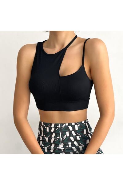 alenmoda Crop negru cu bretele asimetrice