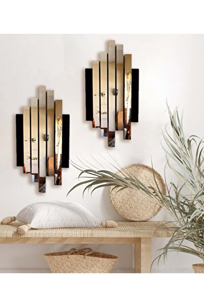 AHWALL Mdf Üzeri Aynalı Pleksi Asimetrik Tablo Siyah Gold Ikili Set