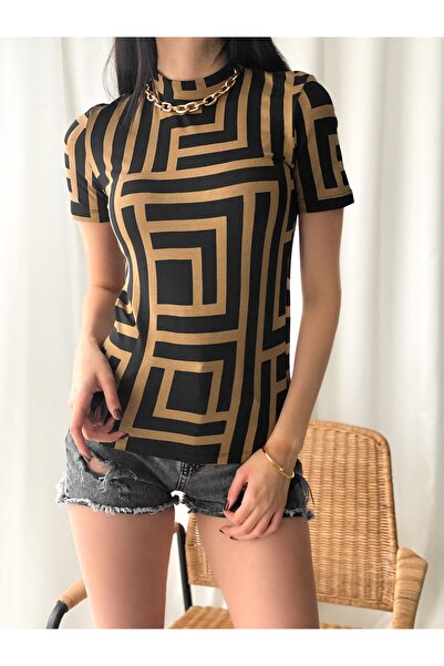 ladyzey Women's Half Turtleneck Geometric Patterned Printed Short Sleeve Body