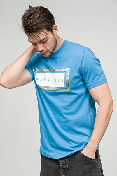 Sıfır Yaka Mavi Beyaz Varak Baskılı Pamuklu Erkek T-Shirt